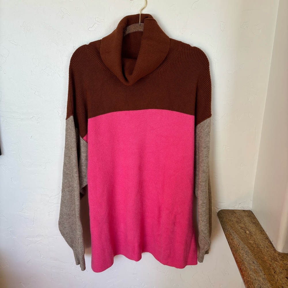 Free People Colorblock Turtleneck Sweater - Pink, Brown, and Beige
